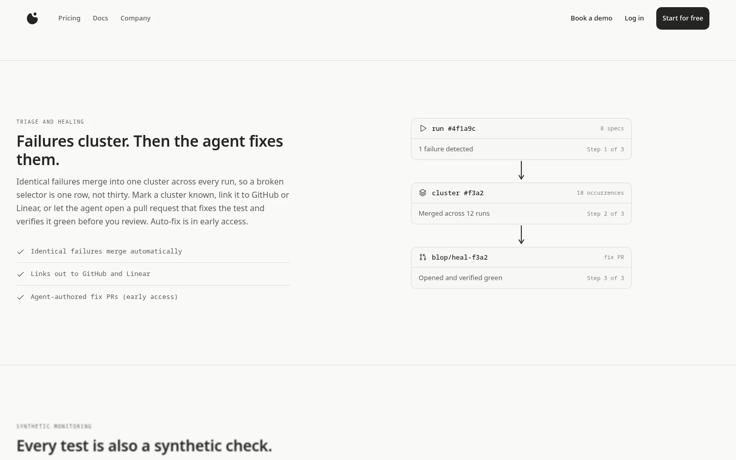 Nuværende Blop-webinterface hvor et fejlet run bliver til et cluster og en verificeret fix-PR