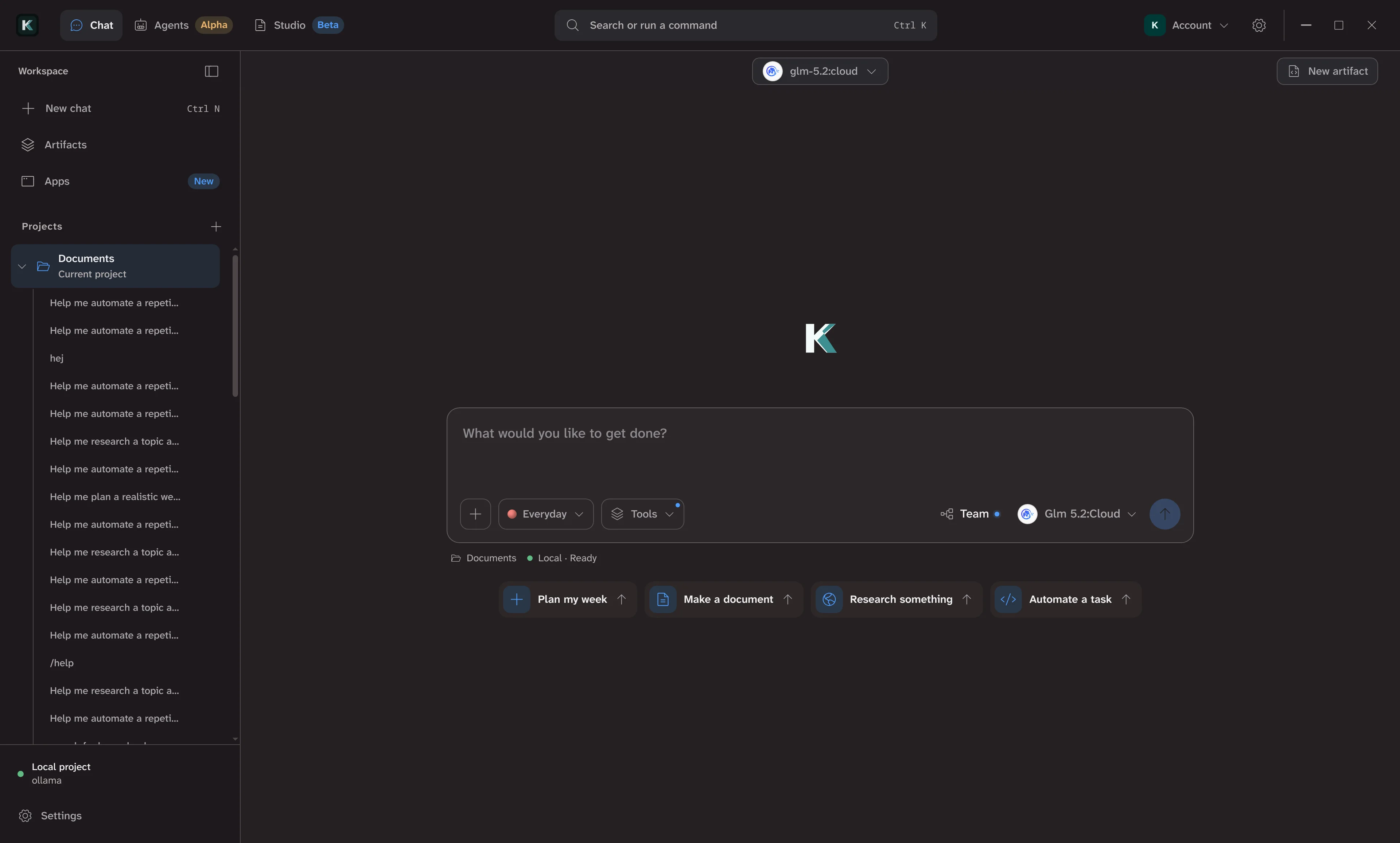 Khadim Electron-startskærm med projekter, modelstyring og AI-composer