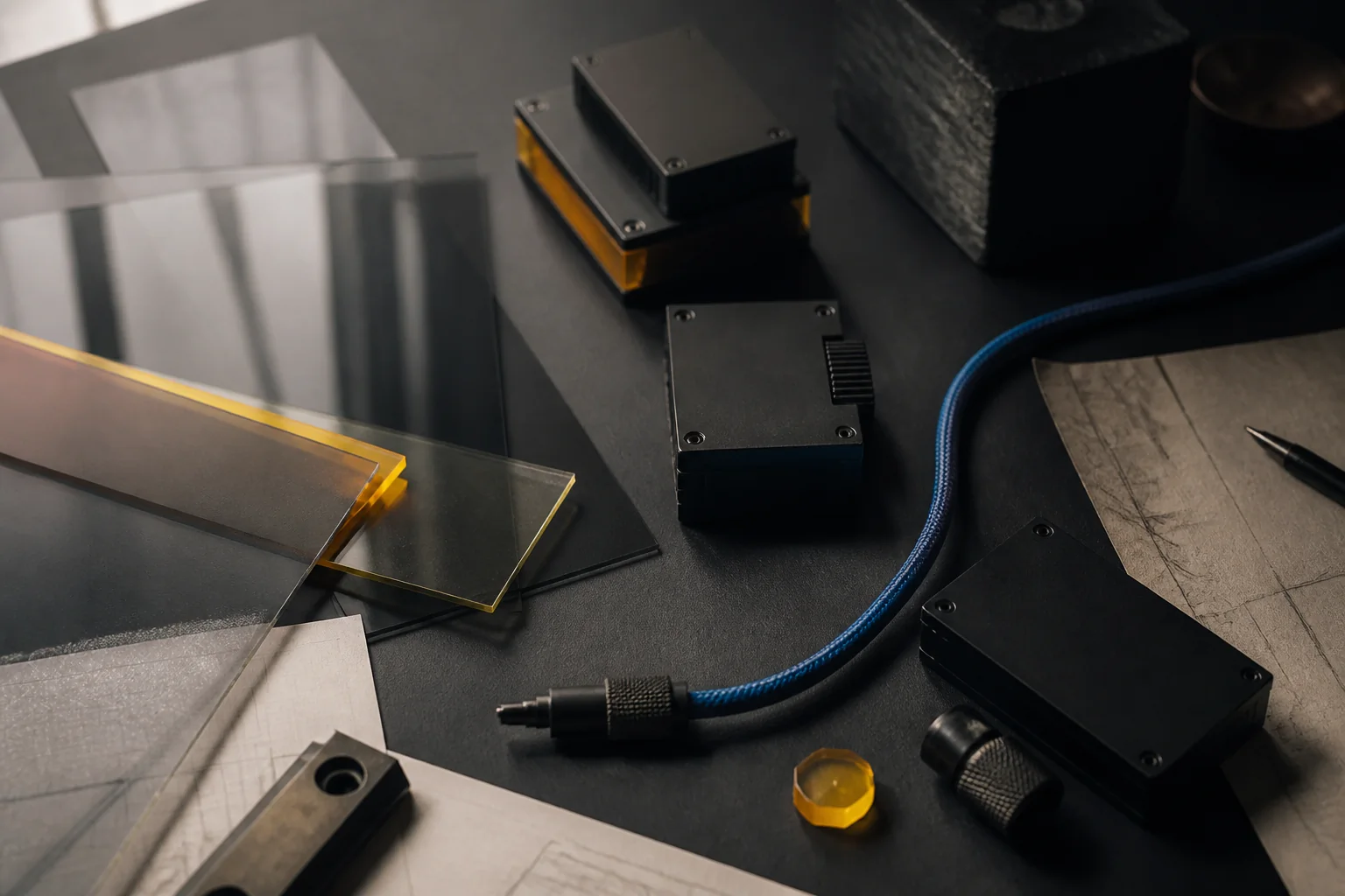 Modulær hardware, lag af akryl og et ført kabel på et studiobord